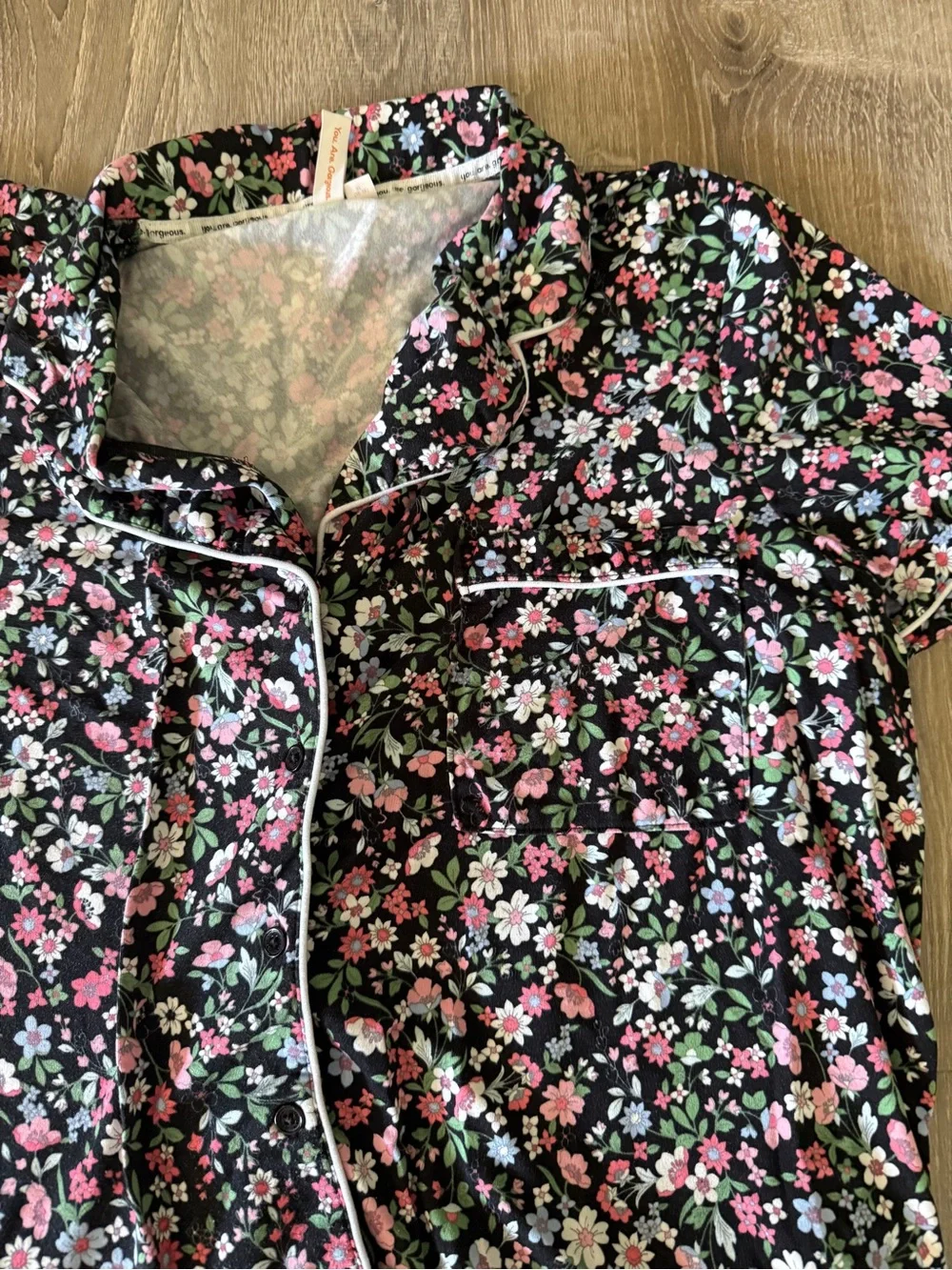 Joyspun Black Floral Short Pajama Set with Pink, White & Blue Flowers - Picture 2 of 5